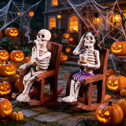 A Pair of Couple Skeletons Enjoying Leisure Time on Rocking Chairs, Perfect for Romantic Afternoon Tea Decor, Suitable for Garden, Terrace, and Other Tabletop Ornaments for Halloween Decorations