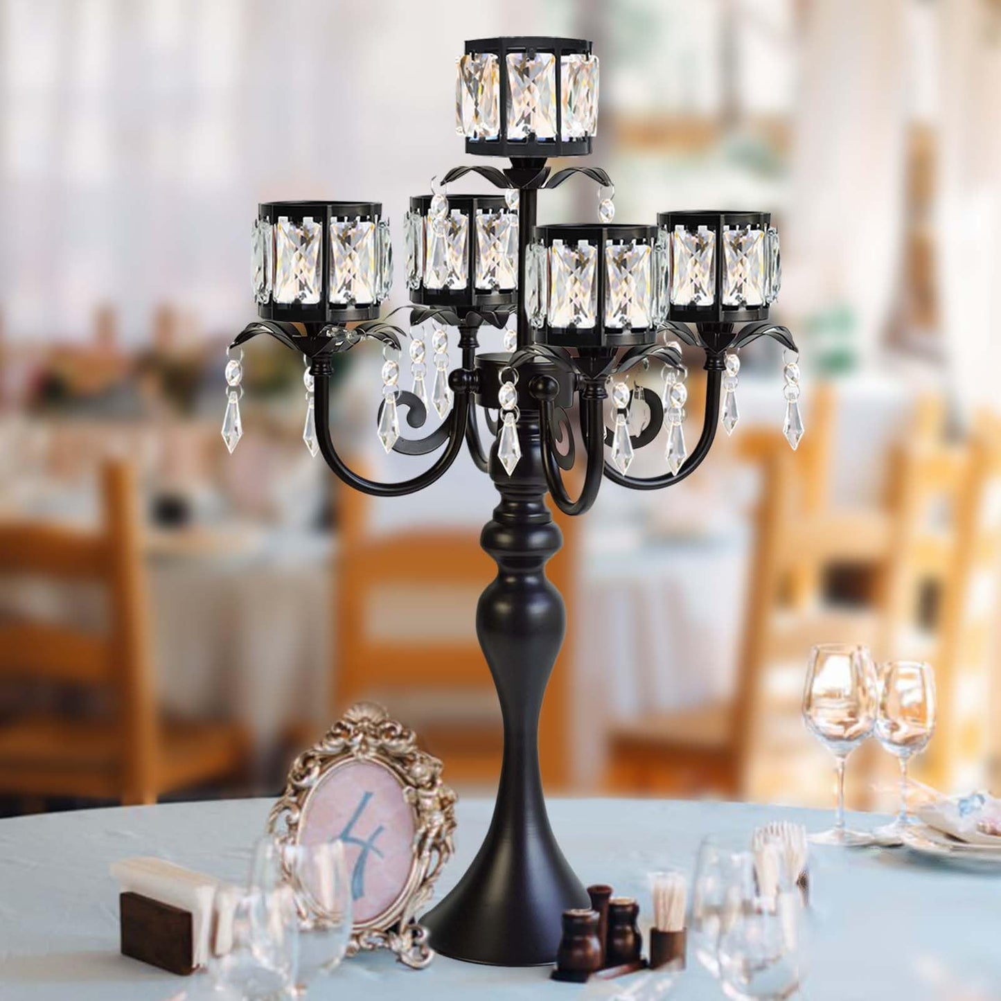 kolnlala 1PC Black 5-Arm Crystal Pendant Metal Candle Holder with Square Crystal Bowl, 22-Inch Tall Wedding Table Centerpiece for Holiday Party Events, Christmas, Birthday Decorations