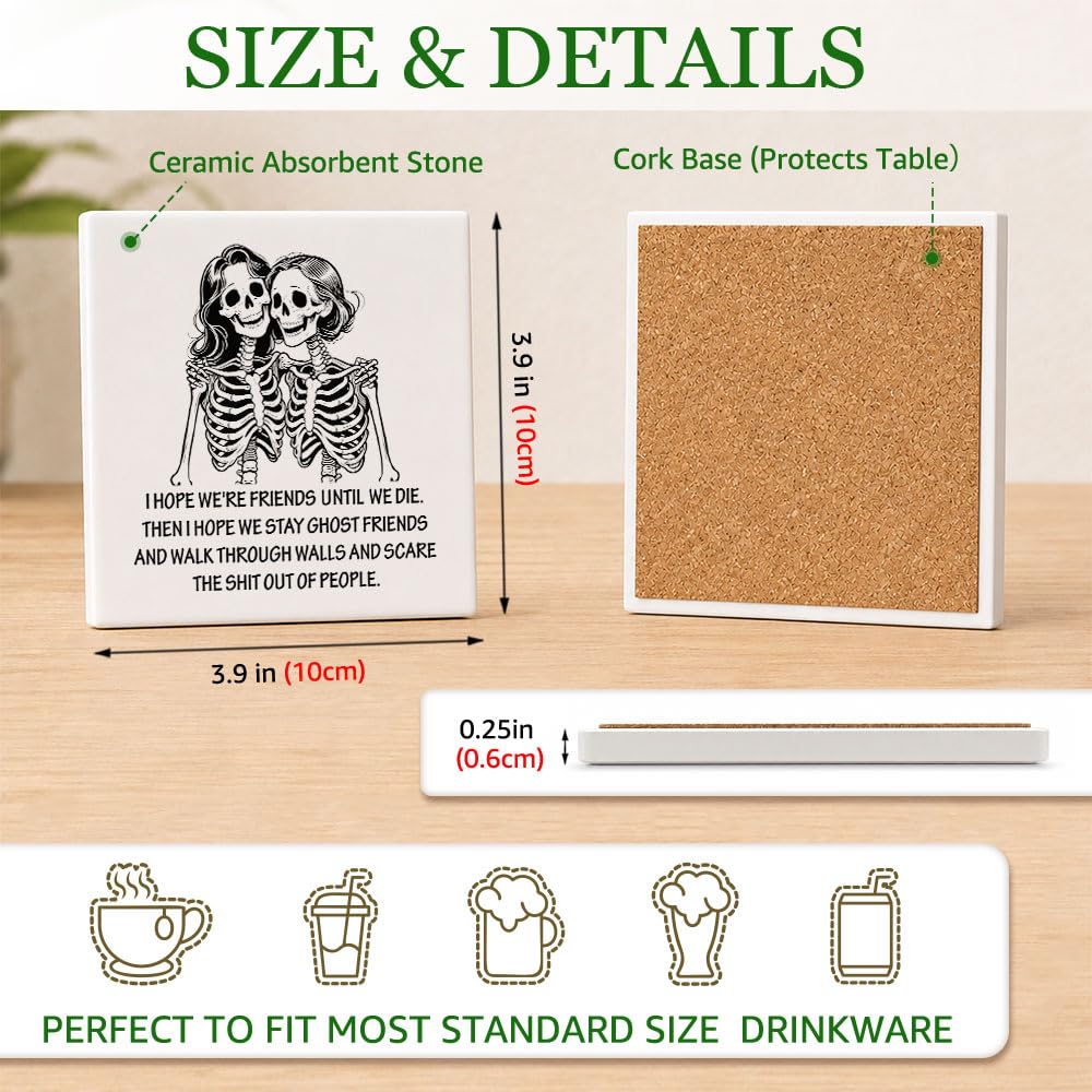 Xiahde Funny Skeleton Friends Coasters Dark Humor Gothic Ceramic Coasters Set of 2, for Women, Absorbent Stone Coasters with Cork Base Drink Coaster for Home Bar Halloween Decor