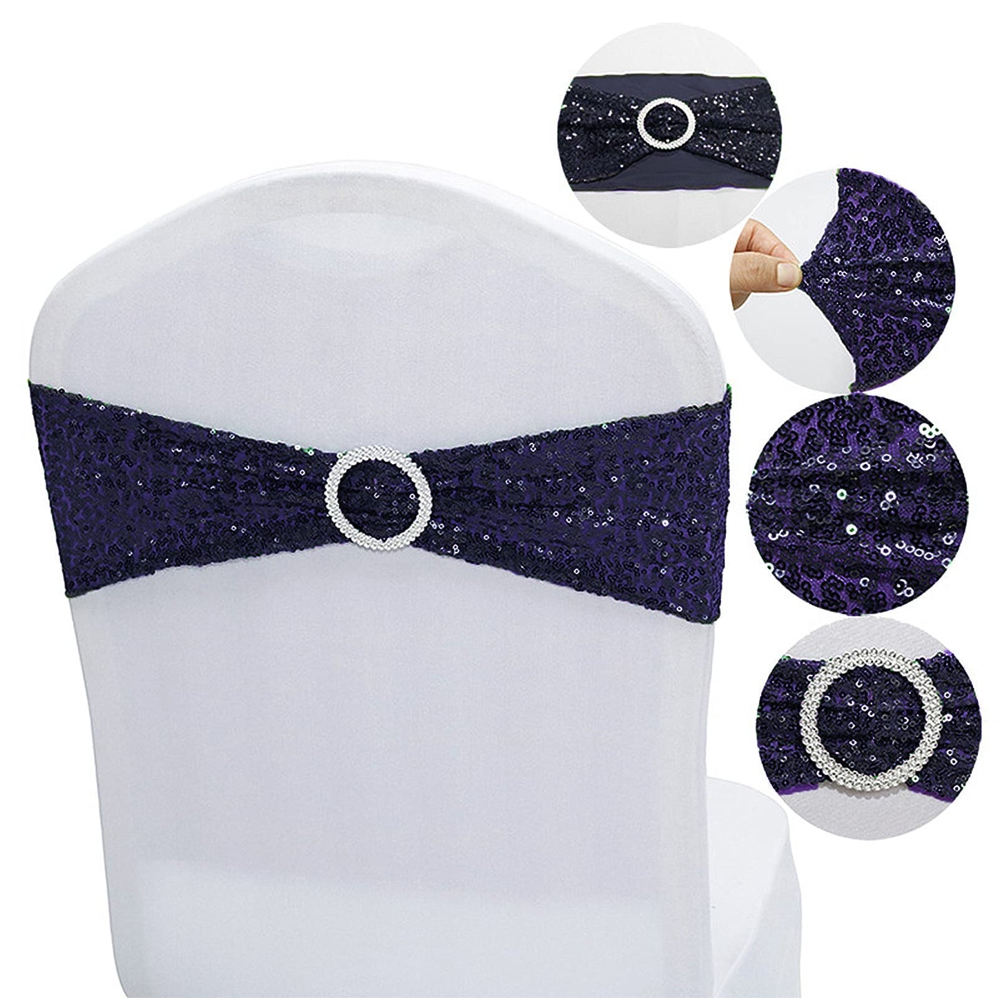 Dimatic 25 PCS Stretch Sequin Chair Sashes Chair Stretchy Spandex Bands for Wedding Reception Events Banquets Chairs Decoration (Navy)