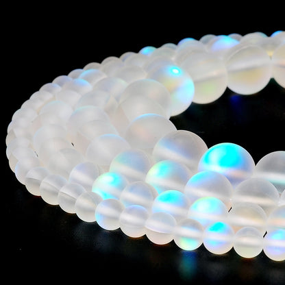 RUBYCA 6mm Round Moonstone Matte Crystal Glass Beads Aura for Jewelry Making White, 1 Strand