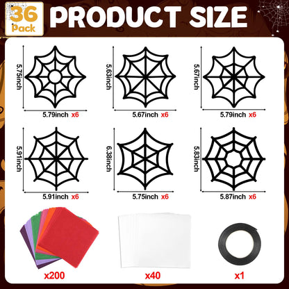 Qyeahkj 36 Set Halloween Spider Web Suncatchers Crafts DIY Hanging Spider Web Tissue Paper Crafts Kit Window Art Ornaments Decor for Halloween Activity Art Project Party Favor Gift