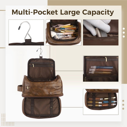 ZALIR Toiletry Bag for Men, PU Leather Waterproof Travel Kit with Hook, Multi-Compartment Shaving Organizer, Double Zipper Portable Cosmetic Bag for Business Trips