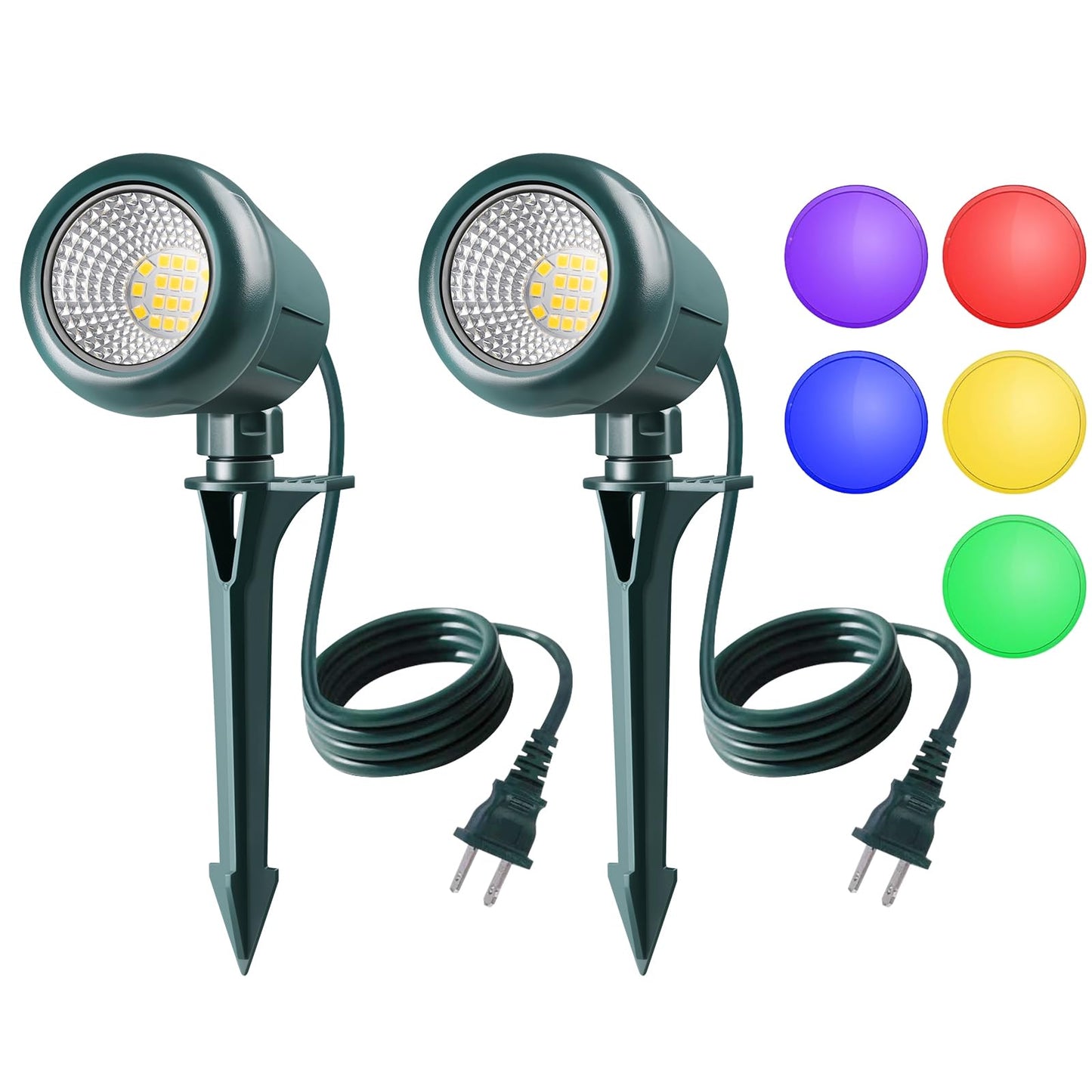 Gmalos Halloween Spotlights Outdoor, 120V Plug-in Christmas Spot Light, 5000K LED Landscape Lighting with 5 Color Lenses (Red Green Blue Purple Yellow), IP67 Waterproof, 2 Pack