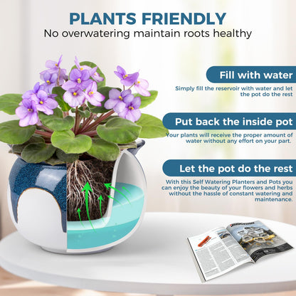 African Violet Pots, 6 inch Ceramic Easy Self Watering Plant Pot for Busy Plant Lovers, Automatically Absorb Appropriate Amount of Water, Flower Pot Indoor-Plants Not Included(Blue)