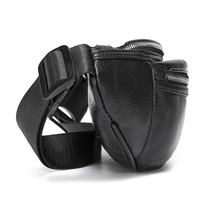 OrrinSports Black Leather Fanny Pack for Men & Women, Fashionable Multi-Pockets Waist Belt Bag for Travel Sports Hiking Cycling Fishing Running