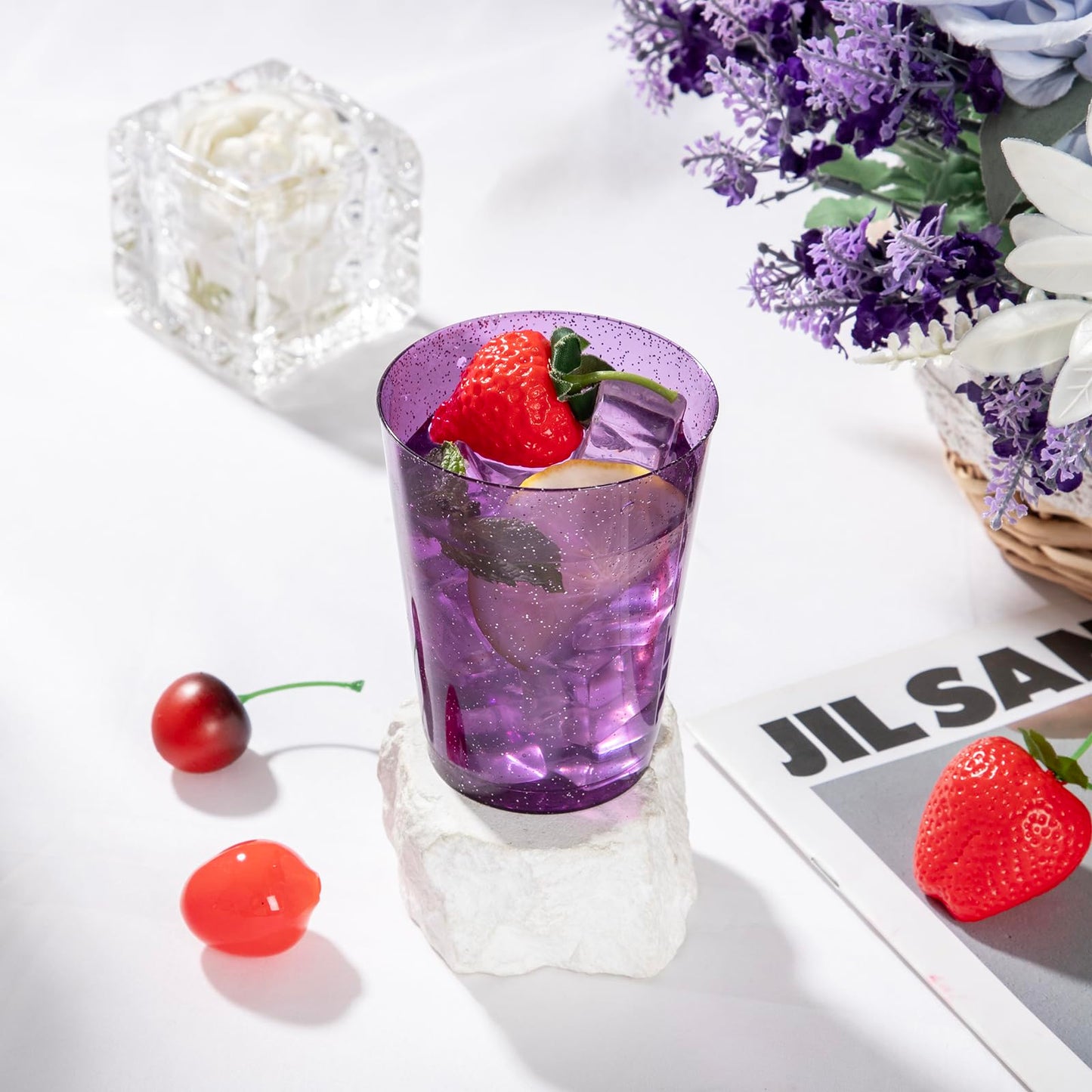 DaYammi 100 Pack 10 oz Purple Plastic Cups- Disposable Cups Tumblers, Elegant Purple Glitter Party Drinking Cup Perfect for Wedding Purple cups Perfect for Party Wedding Bridal Shower