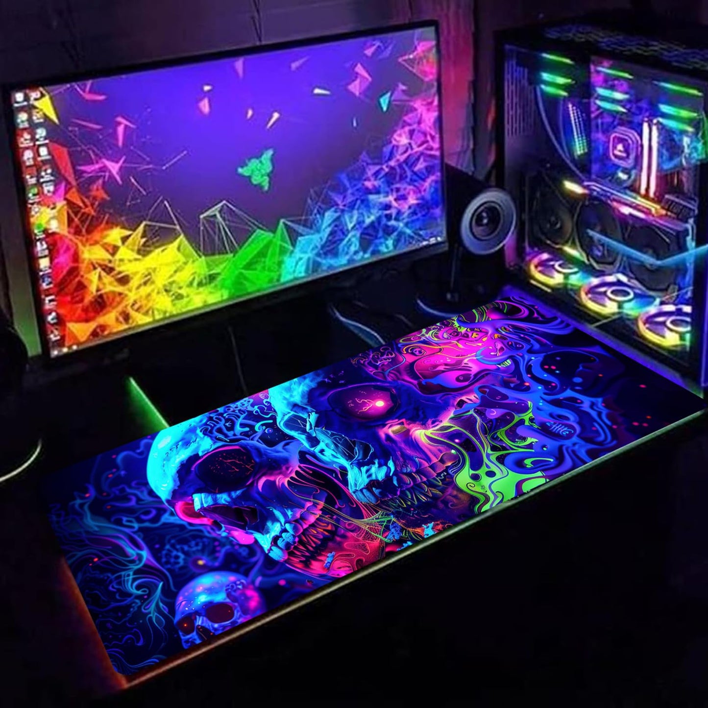 Simpkeely Horror Skull Mouse Pad, Large Waterproof Blacklight Colorful Skeleton Neon Gaming Non-Slip Rubber Base Mousemat, Glow in the Dark Abstract Desk Mat for Office Home - 31.5 x 11.8 inches