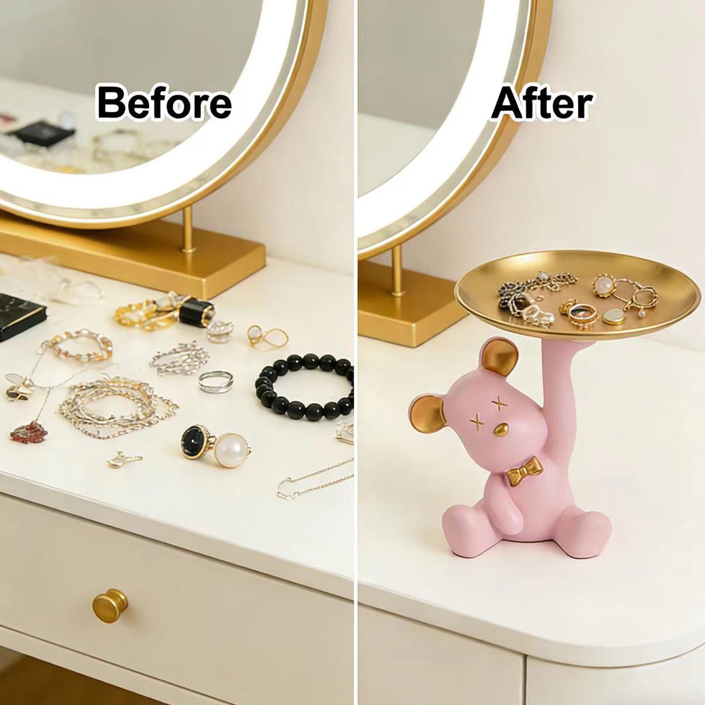 Weyiqet Bear Figurine Tray, Resin Key & Candy Dish Bowl for Entryway Table, Office Desk - Cute Key Holder, Funny Small Candy Dish, Home Decorations Indoor, Bear Home Decor Gift (pink)