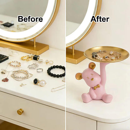 Weyiqet Bear Figurine Tray, Resin Key & Candy Dish Bowl for Entryway Table, Office Desk - Cute Key Holder, Funny Small Candy Dish, Home Decorations Indoor, Bear Home Decor Gift (pink)