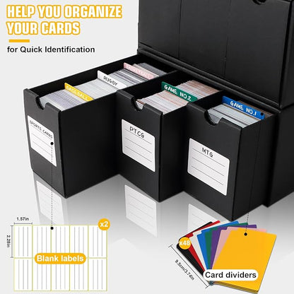 Trading Card Storage Box, Includes 9-600 CT Boxes & 48 Card Dividers, 9000+ Trading Card Organizer for Collectible Card Games, for TCG, YGO, MTG, PTCG, Baseball Cards, with Labels & Tapes