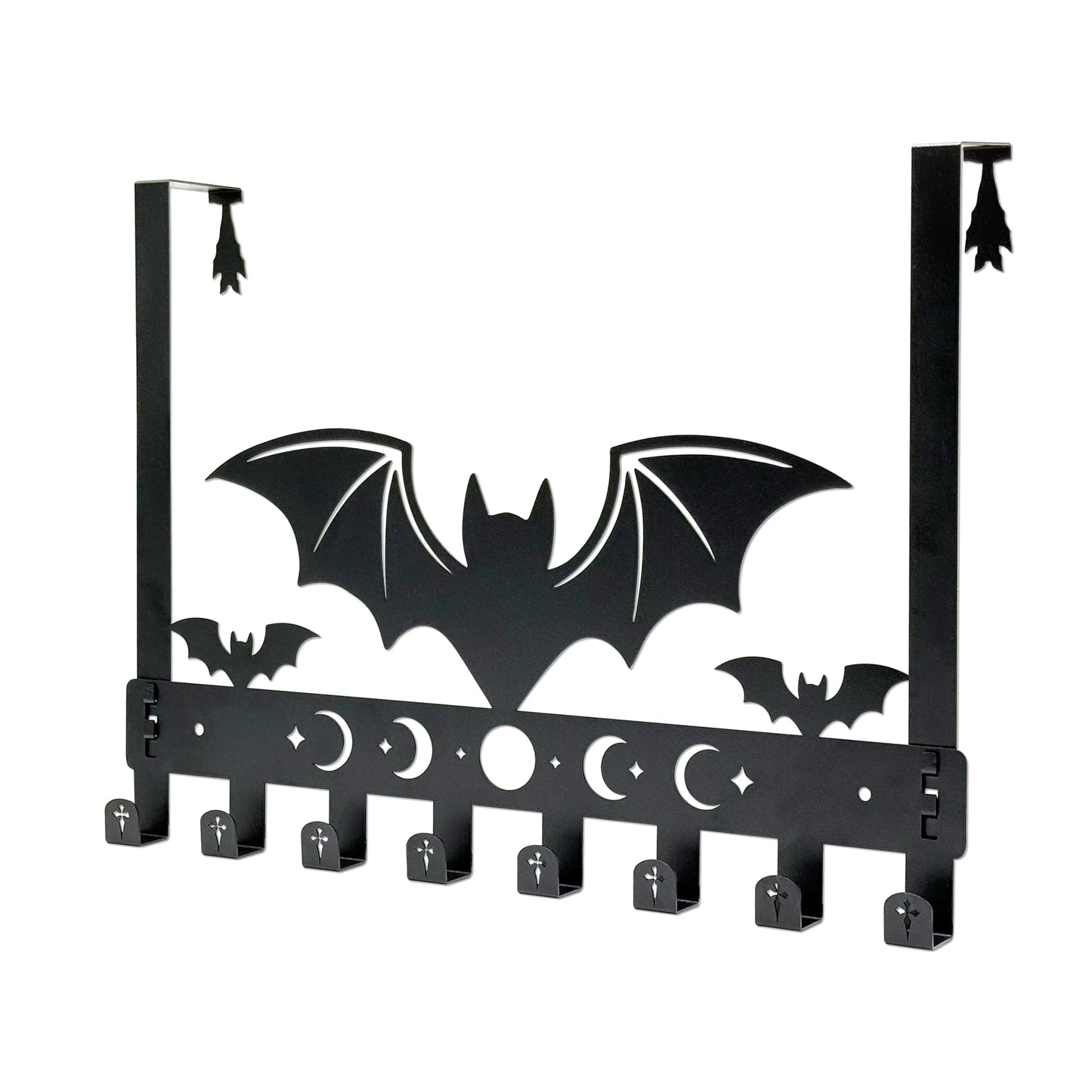 Gothic Bat Over The Door Hooks - 8-Hook Set with Moon Phase & Cross Design for Halloween Spooky Bathroom Decor | Metal Towel Hanger for Goth Home Accessories | Halloween Gothic Wall Organizer