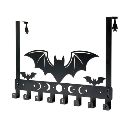 Gothic Bat Over The Door Hooks - 8-Hook Set with Moon Phase & Cross Design for Halloween Spooky Bathroom Decor | Metal Towel Hanger for Goth Home Accessories | Halloween Gothic Wall Organizer