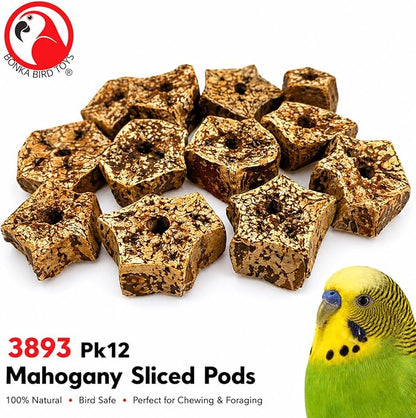 Bonka Bird Toys 3893 Natural Mahogany Sliced Pods Chew Toys, Pack of 12, Durable Bird-Safe Foot Toys, Pre-Drilled for Parrots, Cockatiels, and Small to Medium-Sized Birds, Cage Accessories