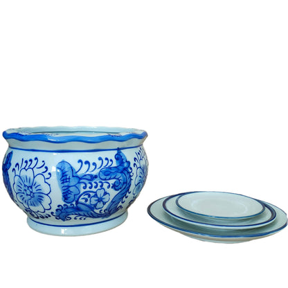 jdzjybqx Small Blue and White Porcelain Flower Pot Set of 3 Oriental Ceramic Flower Plant Pots Indoor with Porcelain Saucer for Garden and Indoor,Mini Flower Pot Set of 3