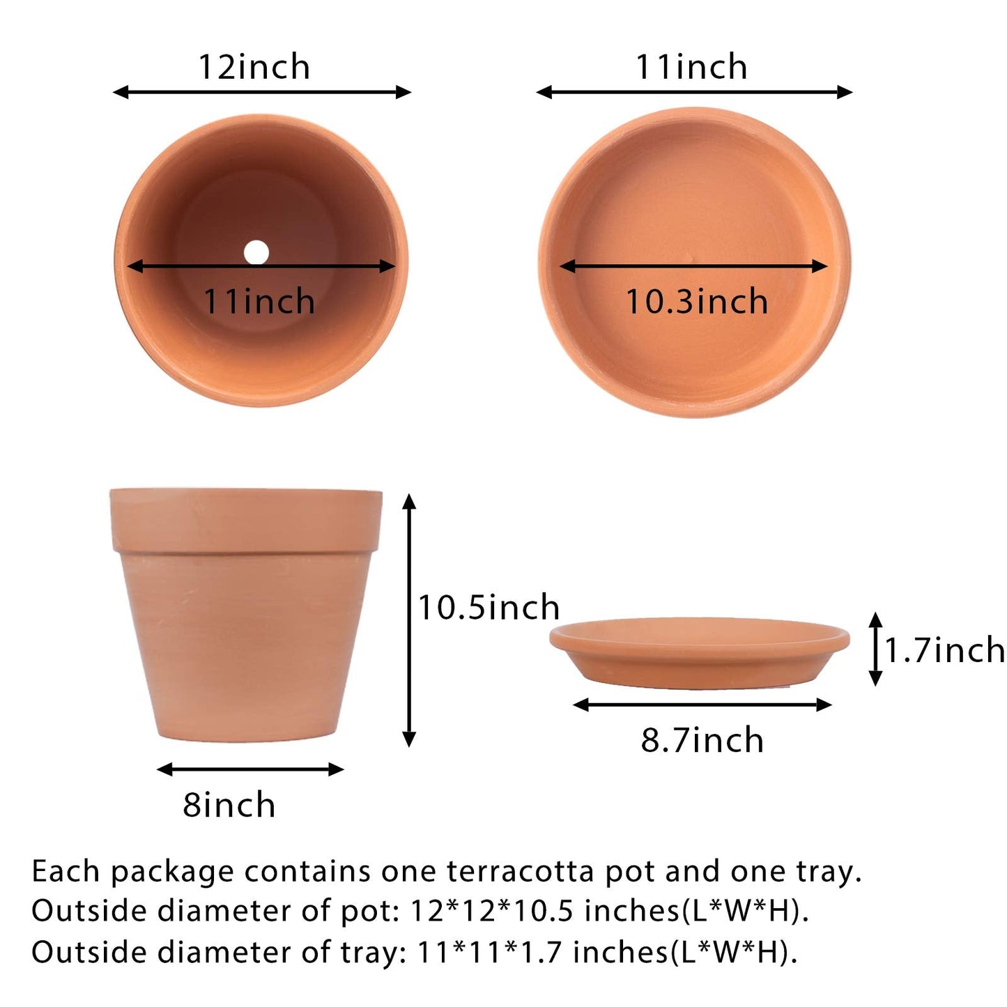 YISHANG 12 Inch Clay Pot for Plant with Saucer - 1 Pack Large Terra Cotta Plant Pot with Drainage Hole, Clay Planters Pot, Terracotta Pot for Indoor Outdoor Plant,Round Flower Planter Pots for Plants.