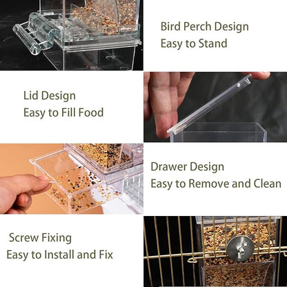 No Mess Bird Feeder for Cage, Automatic No-Spill Transparent Parrot Feeder Acrylic Cockatiel Seed Feeders with PerchParakeet Food Container Cage Accessories for Small Medium Cockatoo Finch