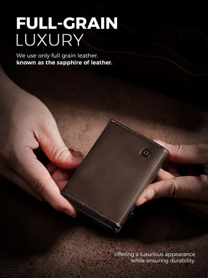 LORZOR Wallet for Men with Metal Card Holder, Pop Up Wallet, Finest Full Grain Leather Trifold Wallet, Smart, Minimalist, RFID Blocking, Front Pocket, ID Window, Brown/Grey