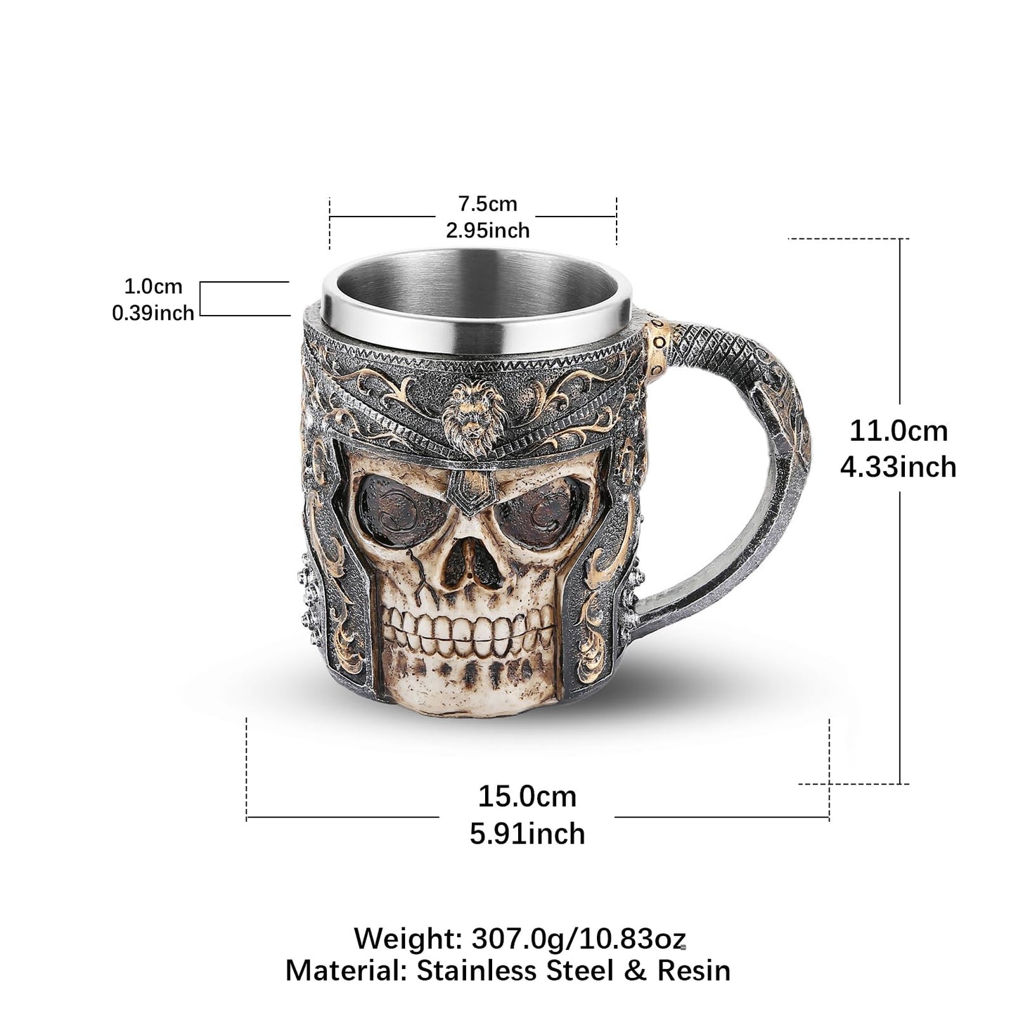 AsAlways Stainless Steel Skull Beer Mug Gothic Beer Stein Novelty Wine Coffee Drinking Cup Halloween Renaissance Accessory Gift 400ML/13.5OZ