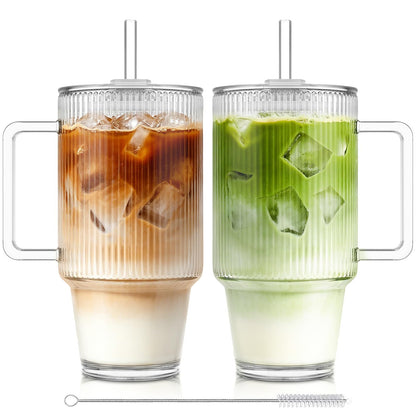 KEMORELA 24oz Ribbed Glass Cups with Lids and Straws,Glass Tumbler with Handle,2 set–Reusable Glass Ice Coffee Cups with Lid and Straw for Smoothies,Tea,Juice,Boba Cup for Cold & Hot Drinks,Travel Cup