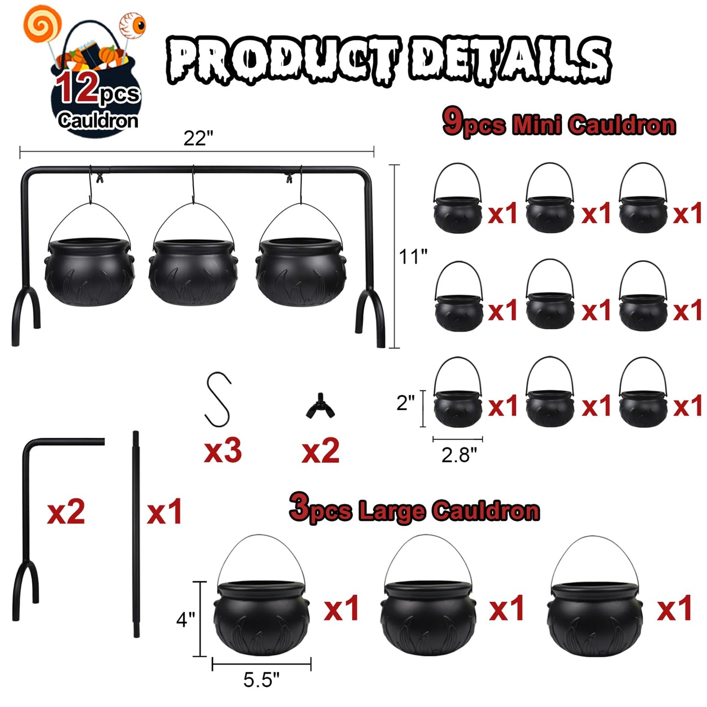 Zimati Cauldron Halloween Table Decor, 12 Pcs Large and Mini Black Plastic Hanging Cauldrons Serving Set, Spooky Witches Cauldron Candy Serving Bowls for Indoor Home Hocus Pocus Party Decorations