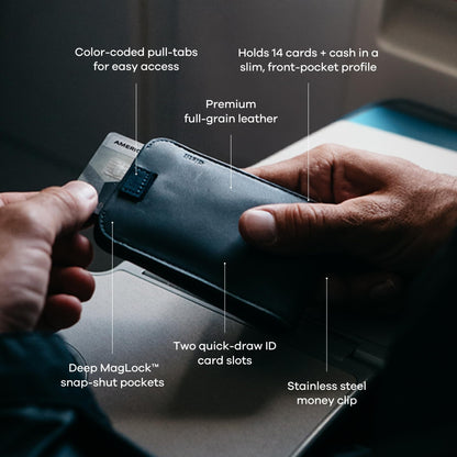 Distil Union Wally 5.0 with MagLock - Slim Bifold Wallet for Men with Money Clip, Premium Leather – Minimalist Card Holder - Holds 14 Cards & 30 Bills - Black
