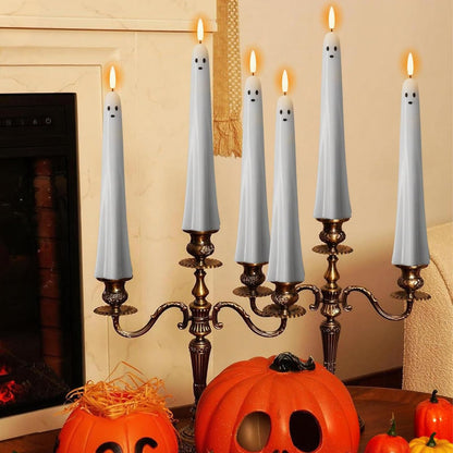 Eldnacele Ghost Halloween Flameless Taper Candles Battery Operated with Remote Timer Set of 2 White LED Flickering Candle Real Wax 3D Wick Long Lasting Spooky Dinner Indoor Decor(0.79" D x 9.5" H)