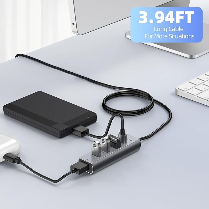 intpw USB C to USB A Hub Long Cable 4 Ports Type C Hub USB 3.0 5Gbps Aluminum Adapter Multiport USB C Hub for Laptop, Mac, iPad, PC (3.94FT(5in1,BC))