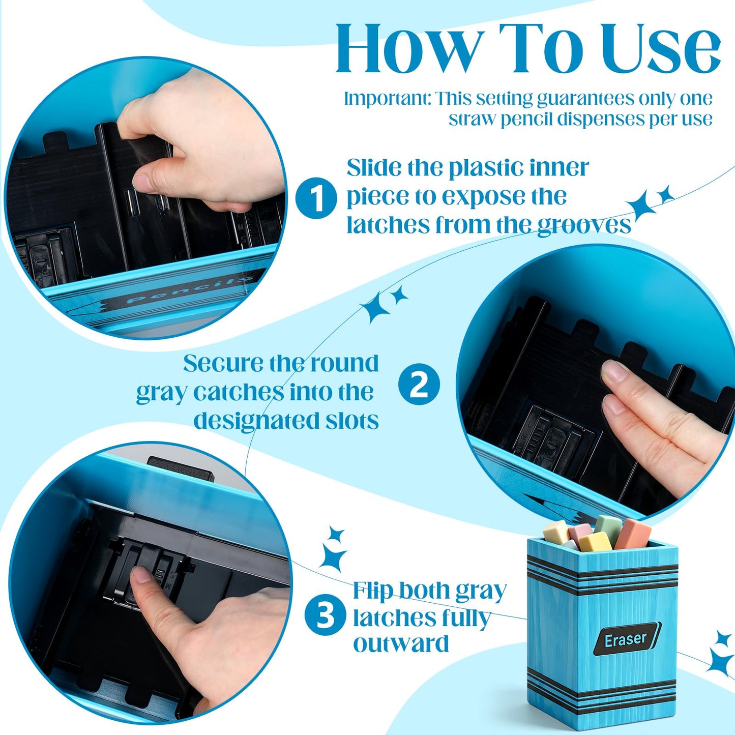 Gueevin 2pcs Pencil Dispenser for Classroom, Fun Desk Organizer with Eraser Holder, Interactive Pencil Storage for Teachers, Students & Homeschool Desk Organizer, Back to School Supplies(Blue)