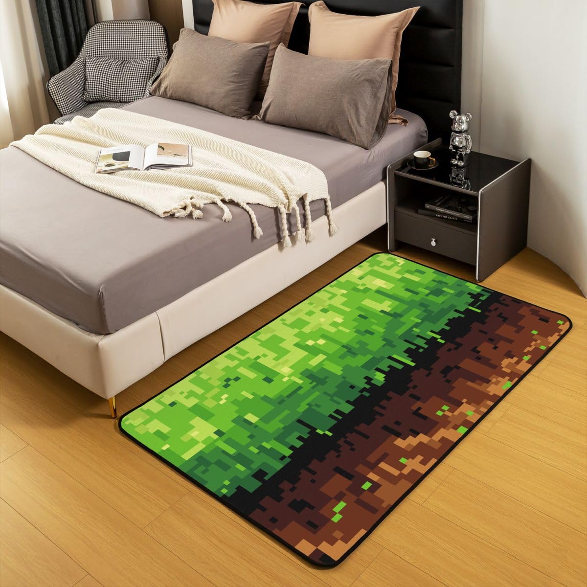 Manfei Pixelated Kids Area Rug,Patchwork Grid Video Games Indoor Floor Mat Entrance Rug for Girls Boys,Miners Lattice Simple Non Slip Rug,Brown Green Couch Living Room Decor,5'x6'6''