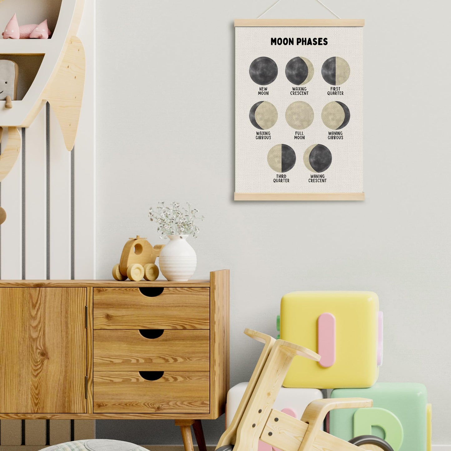 MOTERMATE Moon Phase Wall Decor Poster, Boho Moon Wall Art, Educational Learning Preschool Canvas Poster Hanger Frame, Homeschool Celestial Wall Hanging Banner Decor for Classroom Toddler, 12x16 Inch