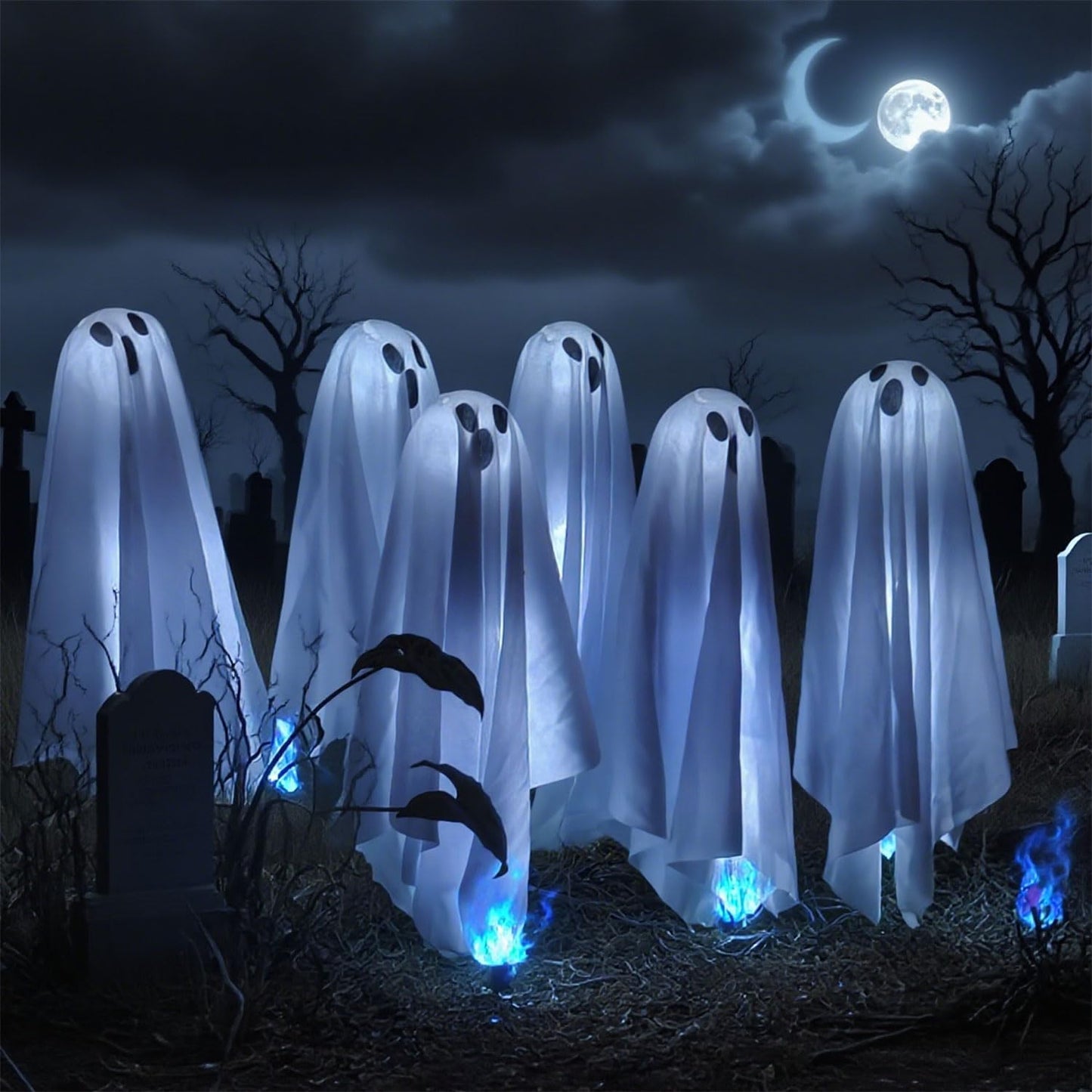 6 in 1 Halloween Decorations Outdoor, Solar Ghost Pathway Lights, Waterproof, LED Light Up Spooky Ghost Decor for Front Door Porch Garden Yard Lawn Patio Halloween Party
