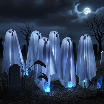 6 in 1 Halloween Decorations Outdoor, Solar Ghost Pathway Lights, Waterproof, LED Light Up Spooky Ghost Decor for Front Door Porch Garden Yard Lawn Patio Halloween Party