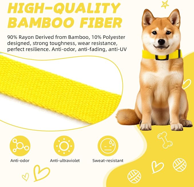 Yellow Dog Collar for Medium Size Dog, Breathable, Anti-Odor & Soft, Comfortable for Sensitive Skin Puppies, 90% Bamboo Rayon, Adjustable Quick-Release Buckle Pet Collar for Medium Breeds