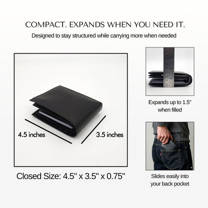 AG Wallets Men’s Bifold Leather Wallet with Double Center Flap, 3 ID Windows, RFID Blocking, Zipper Coin Pocket - Slim Men’s Wallet, Black