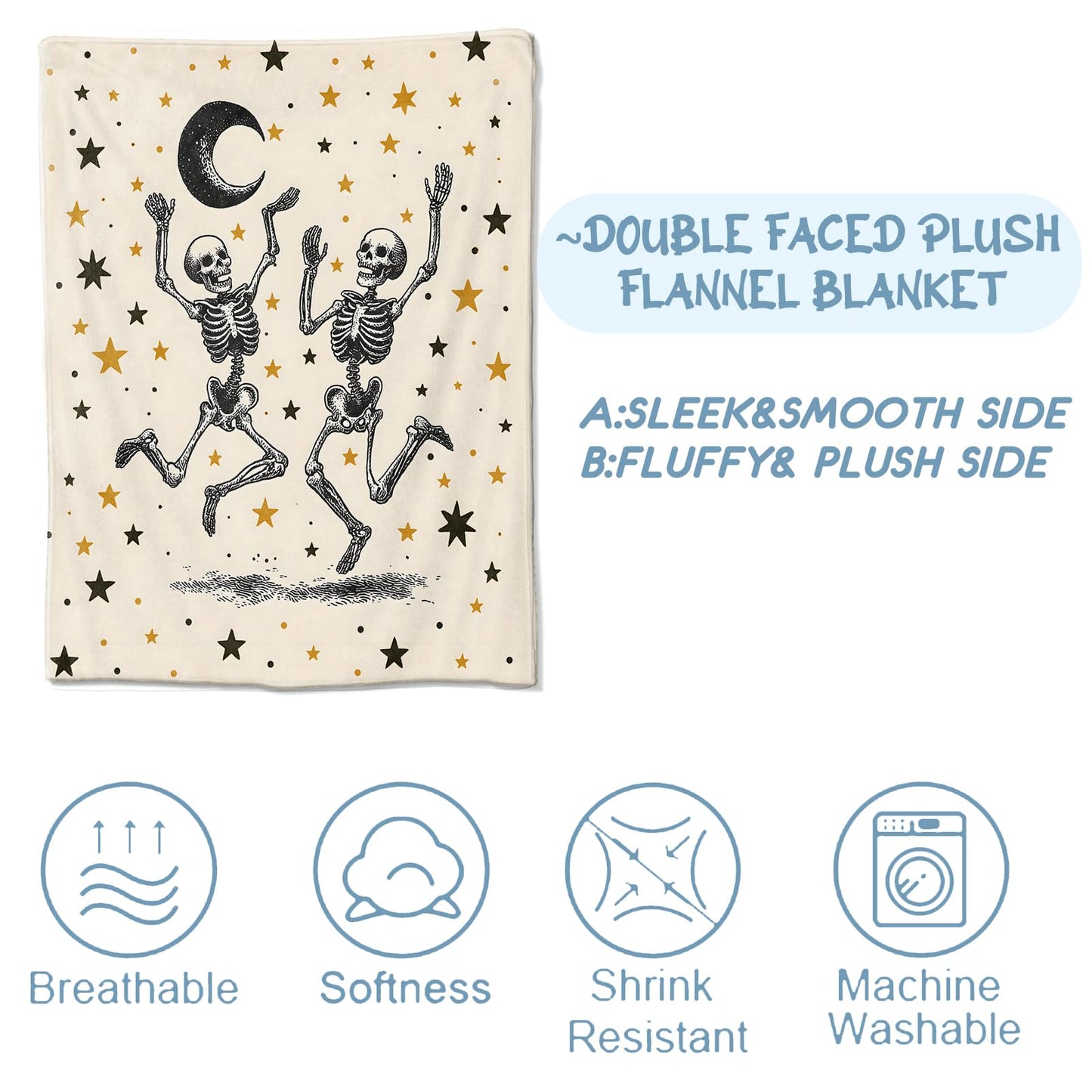 Zeleda Funny Skeleton Fleece Blanket, Soft Throw with Dancing Skull and Moon, Lightweight Cozy Blankets for All Seasons, Gothic Home Decor and Gifts for Halloween and Goth Lovers, 50x60 Inch