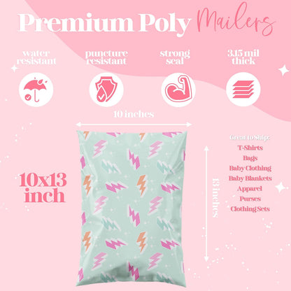 10x13 Designer Poly Mailer 100 Pack Heavy Duty Waterproof Self Seal Shipping Bags for Small Business Large Mailing Envelopes Bulk Tear Resistant Cute Packaging Lightning Bolt