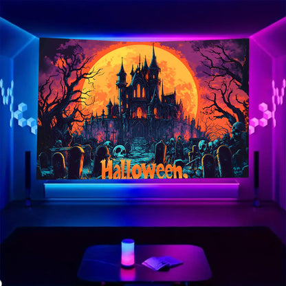 BSFHH Black Light Tapestry – UV Reactive Glow in the Dark Wall Hanging, Spooky Night Scene with Ghosts & Pumpkins, Haunting Home Decor for Parties, Bedroom, or Dorm (GHOST TOWN, 90L x 70W, Unframed)