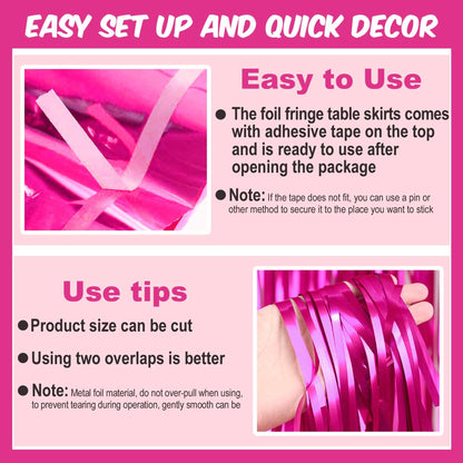 3 Pack Fuchsia Foil Fringe Table Skirts Metallic Tinsel Streamers Garland Banner Backdrop for Table Decor, Parade Float, Birthday, Wedding, Halloween, Christmas Party Decorations(29x108 In)