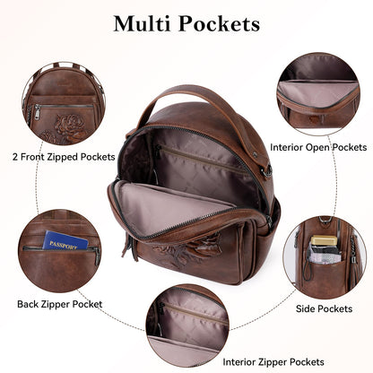 VIMUTI Mini Backpack Purse for Women,Embossed Leather Small Backpack Fashion Travel Backpacks Daypacks Shoulder Handbag (COFFEE-Flower)