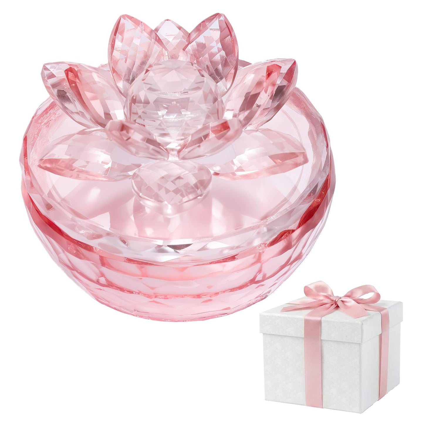 Dounx Crystal Jewelry Box, Small Glass Trinket Jar with Lid, Clear Lotus Flower Storage Holder for Women, Elegant Organizer Dish for Ring, Earrings, Necklace, Gift (Full pink)