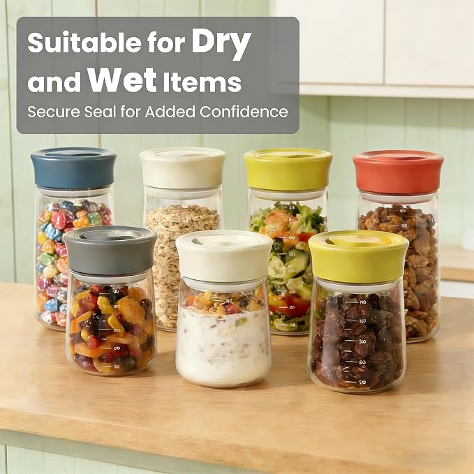 LAKUMIQI Overnight Oats Containers with Lids, 27oz Glass Jars with Airtight Lids, One-Hand 90° Twist-Off Wide Mouth Food Storage for Coffee Bean, Chia Pudding, Meal Prep, Pantry, Beige