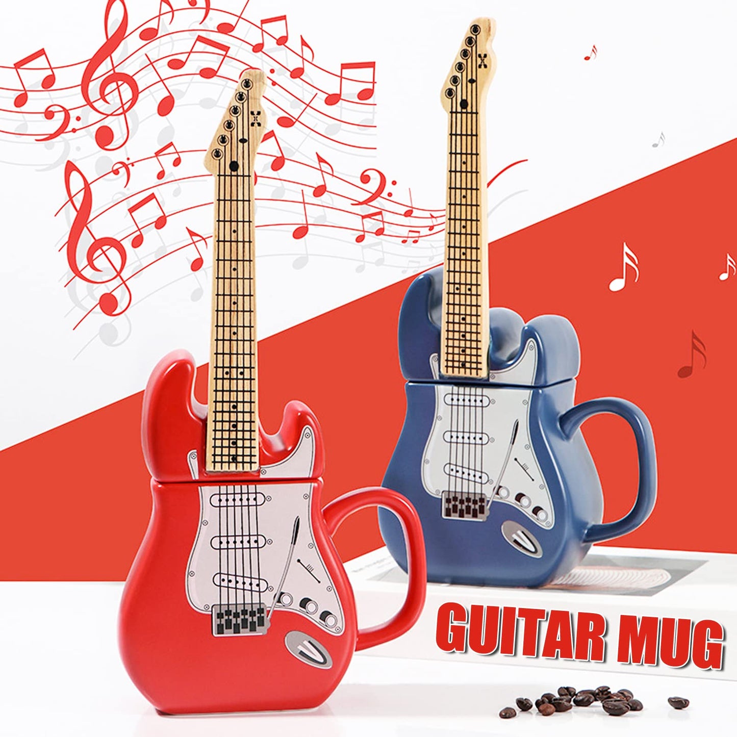LUCYLANKER Electric Guitar Shaped Ceramic Mug, Novelty Music Themed Coffee Cup, Creative Drinkware for Tea, Funny Birthday, Halloween, Christmas Gift for Musicians & Rock Lovers, 15 oz (Red)