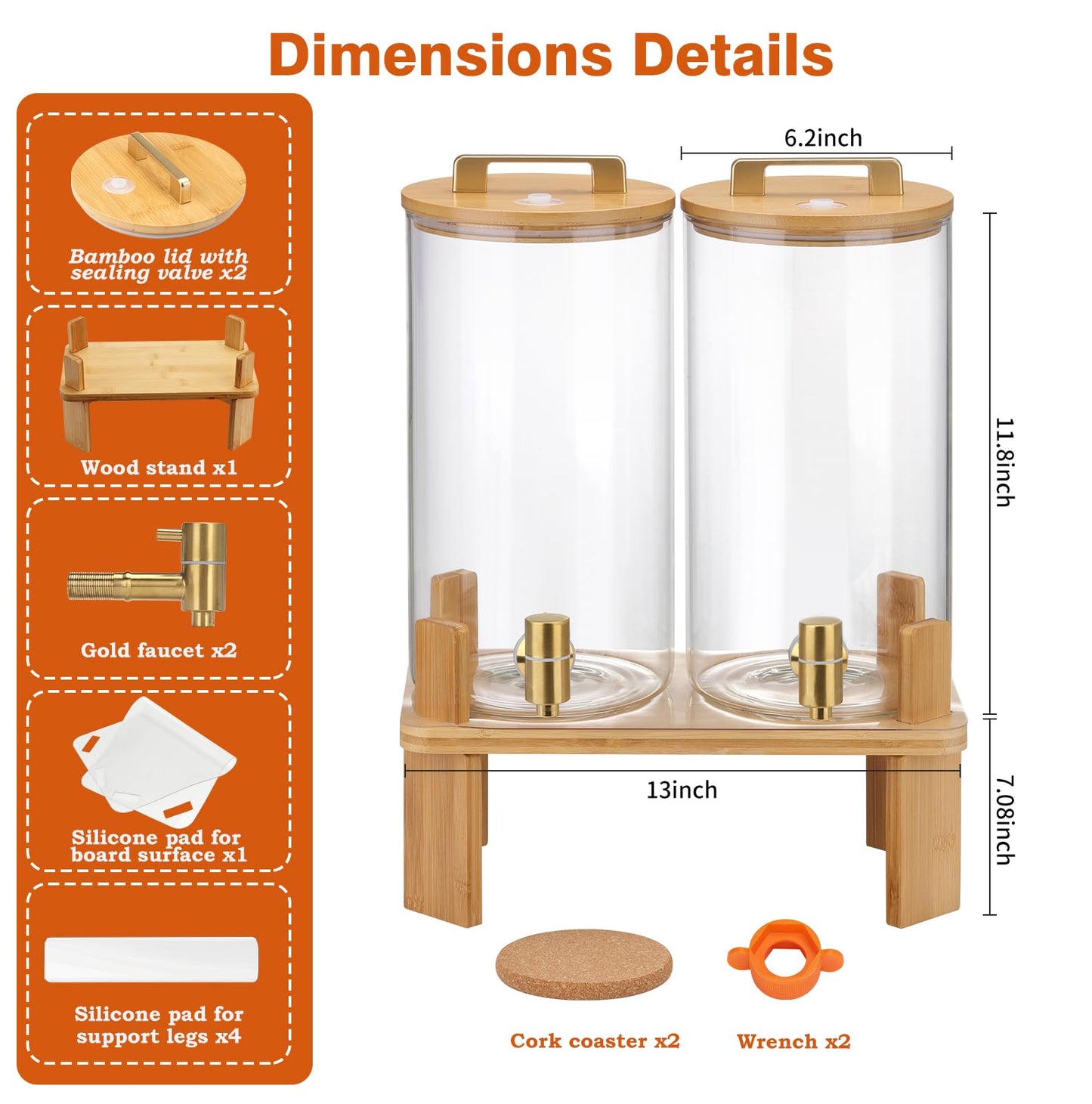 1.5 Gallon 2PCS Glass Drink Dispenser for Parties,Beverage Dispenser with Wooden Stand, Lemonade Dispenser,Juice Containers & Water Pitcher with Lid for Lemonade, Iced Tea and Party Drinks