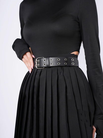 WARANDOD Punk Belt Black Leather Fashion Rock Versatile Casual Buckle Rivet Cowboy Style Faux Leather Emo Belt Woman Harness for jeans, dress(Fit Waist 21.3-37in)