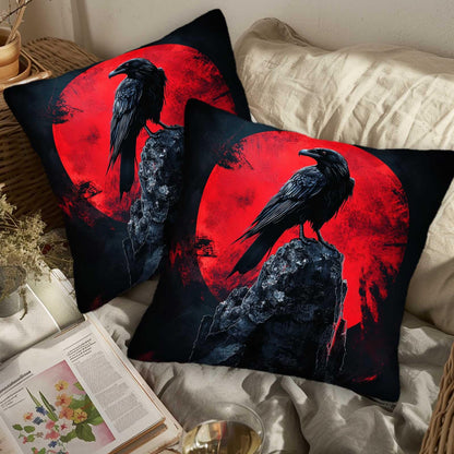 ZibZorp Raven Moon Pillow Covers 18x18 Set of 2 | Gothic Decorative Cushion Cases | Black Crow Red Moon Pillowcases | Halloween Dark Throw Covers for Sofa Living Room Bedroom Decor
