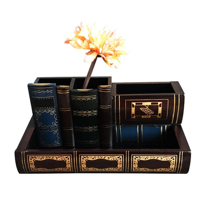 Tosnail Decorative Pen Holder with Storage Compartment, Wooden Pencil Holder and Organizer, Antique Library Books Design Pen Cup Caddy for Office Supplies, Countertop, Desk, Table