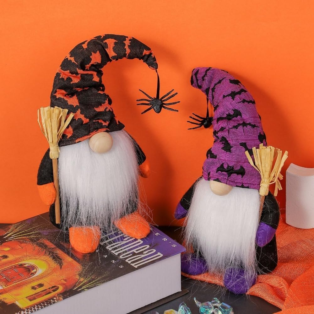 Cuiforest Halloween Gnomes Decor - Spider Elf Figurine Plush Witch Decorations Table Gifts (Purple)