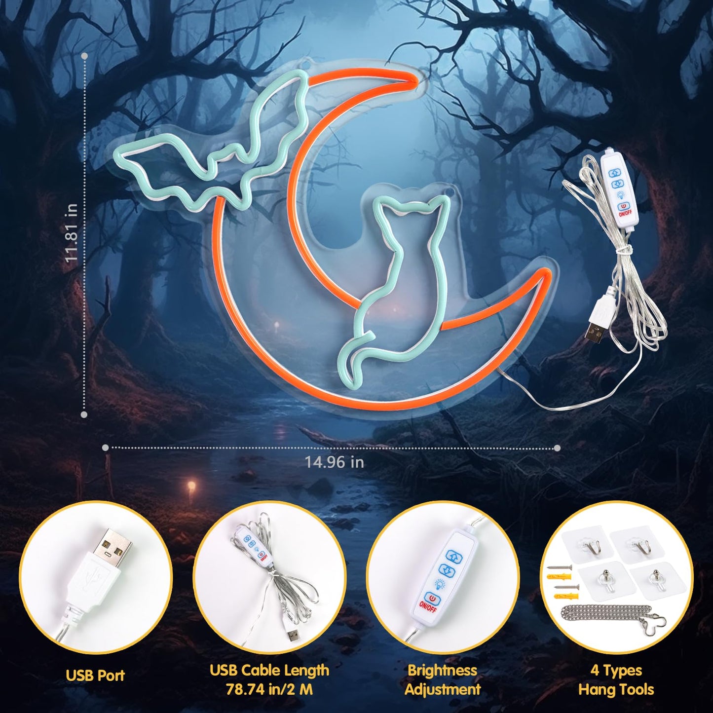 Halloween Neon Sign Wall Decor - Moon&Bat&Cat Themed Halloween LED Lights for Decorating Rooms, Windows, Doors,Party,Bright Beautiful Indoor Home Hanging Art USB Powered