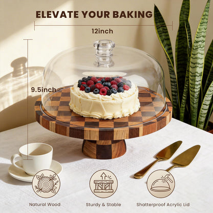 Metflavor Cake Stand with Dome Lid - 12in Wooden Cake Stand with Shatterproof Acrylic Dome, 2-in-1 Dessert Display & Charcuterie Board, Checkered Platter for Serving Cupcakes, Cheese and Fruits